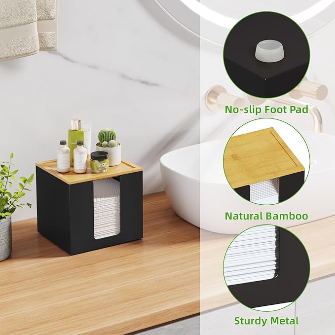 VITVITI Disposable Face Towel Holder Containers, Metal Iron Facial Clean Towels Box for XL Clean Skin Club, Large Capacity With Bamboo Lid for Bathroom, Black