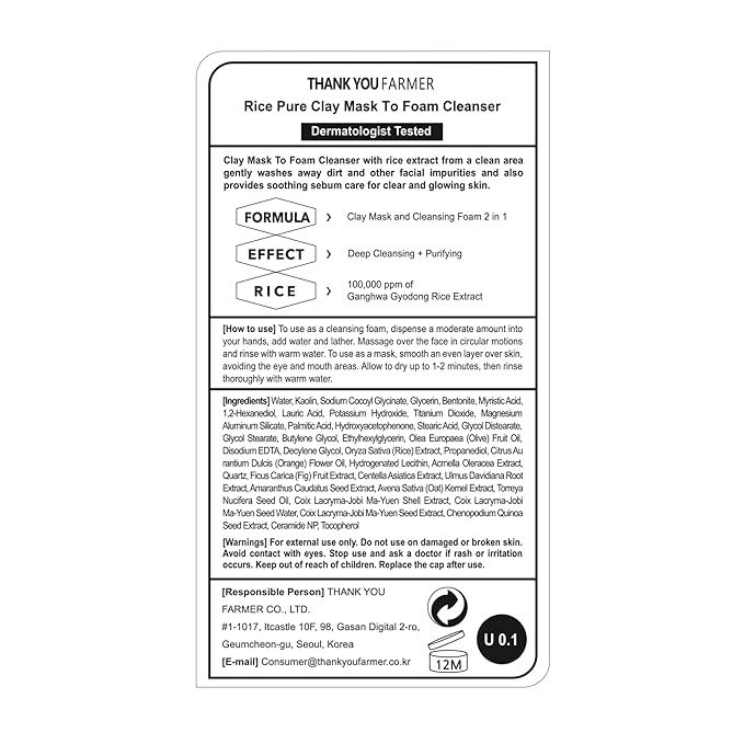 THANKYOU FARMER Rice Pure 2-IN-1 Korean Clay Mask to Foam Cleanser 5.27 fl.oz, Removes Excess Oil, Removing Dead Skin Cells, Soft Skin, Pore Purifying, Dermatologist Tested Korean Face Wash