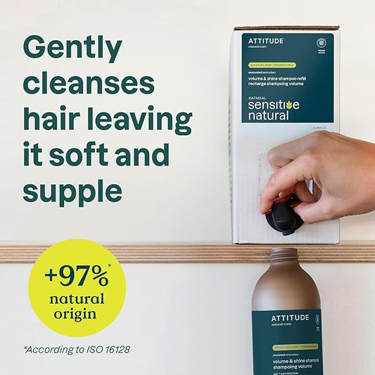 ATTITUDE Volume and Shine Hair Shampoo for Sensitive Dry Scalp, EWG Verified, Soothing Oat, For Thin Hair, Naturally Derived Ingredients, Vegan and Plant-Based, Unscented, Bulk Refill, 67.6 Fl Oz