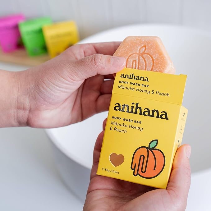 ANIHANA Body Wash Bar with Coconut Oil, Soap Free, Moisturizing, Gentle, Soft Skin Care, Refreshing Manuka Honey & Peach Scent 2.8 Oz