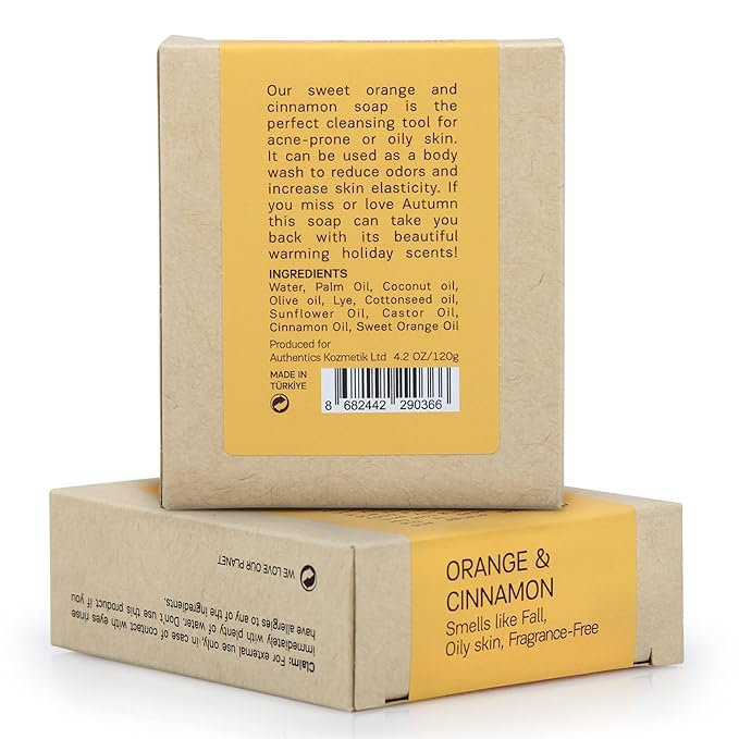 AUTHENTIC BATH & SOAP - Orange Cinnamon Organic Soap Bar (Handmade, Pack of 2) - Natural, Vegan, Organic Essential Oils, Unscented Bar Soap for Oily and Acne-Prone Skin, Cruelty-Free, 4.2 Oz Each