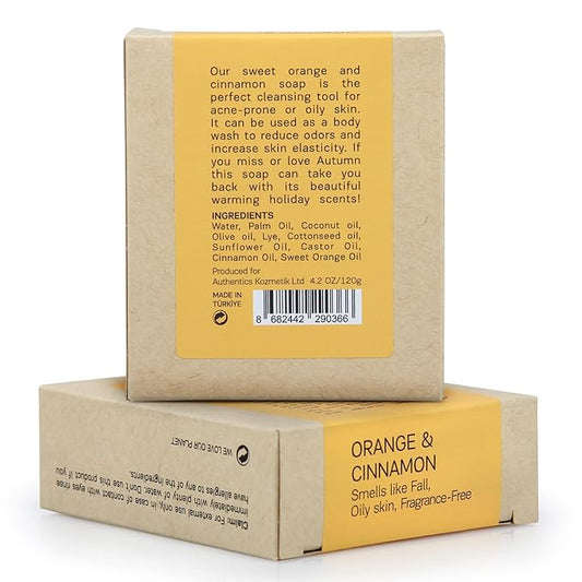 AUTHENTIC BATH & SOAP - Orange Cinnamon Organic Soap Bar (Handmade, Pack of 2) - Natural, Vegan, Organic Essential Oils, Unscented Bar Soap for Oily and Acne-Prone Skin, Cruelty-Free, 4.2 Oz Each