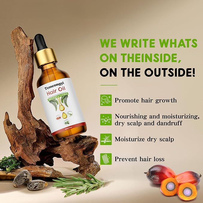 Rosemary hair oil, containing castor oil, batana oil, peppermint oil, promotes hair growth and prevents hair loss in men and women