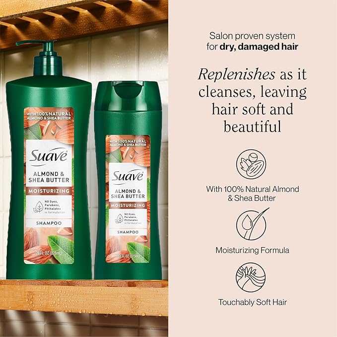 Suave Almond Shea Butter Moisturizing Shampoo 2-Size Bundle, Clarifies & Replenishes Dry, Damaged Hair