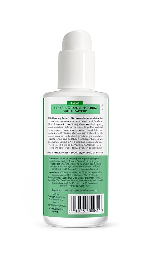 Dickinson's Original Witch Hazel Clearing Toner + Serum with Eucalyptus | 100% Natural Distilled Witch Hazel | Alcohol-Free | Detoxifies & Tones Skin | Unclogs Pores | 4 Fl Oz