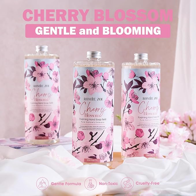 Cherry Blossom Foaming Hand Soap Refill Gift Set – 3 Pack*33.8 Fl Oz with Refillable Dispenser, Refreshing Floral Scent, Moisturizing & Chemical-Free for Bathroom, Kitchen, Sensitive Skin