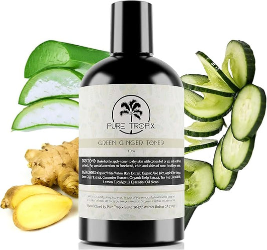 Pure Tropix Green Ginger Toner – Soothe & Hydrate with Organic Aloe, Cucumber & Ginger Extract, 10oz – Calms Irritation, Balances Skin Tone - All Natural Ingredients