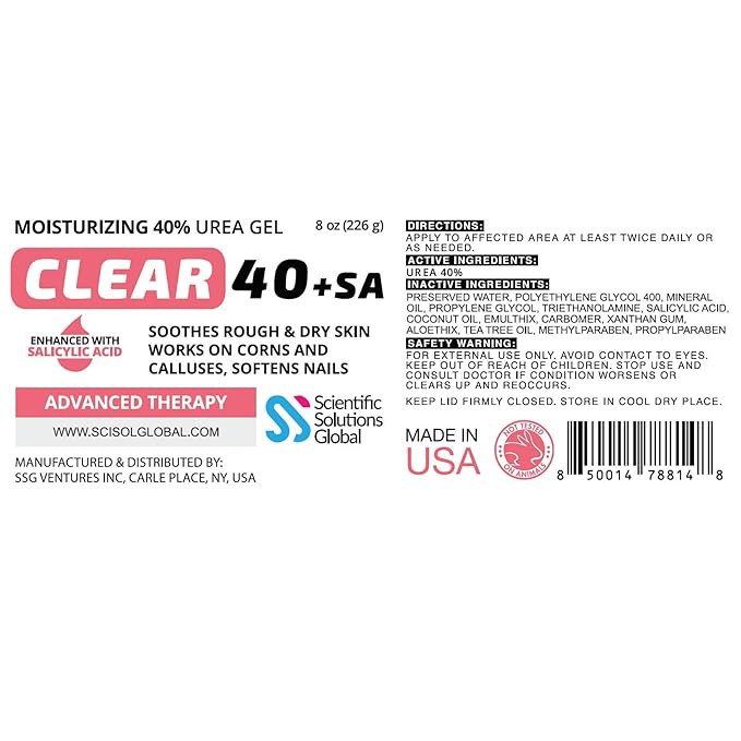 CLEAR 40 +SA, 40% Urea Gel + 2% Salicylic Acid, 8 oz w/Tea Tree & Coconut Oil, Aloe Vera, Callus & Corn Remover Softens Cracked Heels, Feet, Elbows, Hands, Nails, Superior hydration to Urea Creams