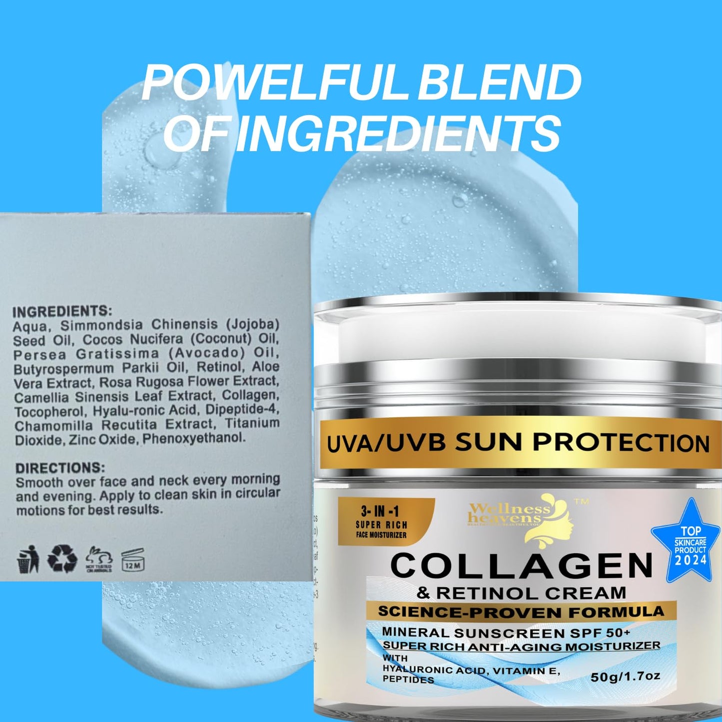 Daily Face Moisturizer with SPF 50 – Anti-Aging Retinol Cream with Hyaluronic Acid, Collagen & Broad Spectrum Sunscreen – Firming & Hydrating Day and Night Face Cream for Fine Lines & Wrinkles (1.7 Oz)