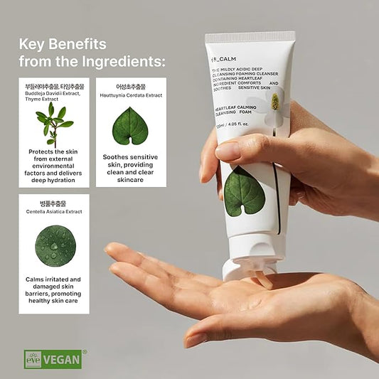 Heartleaf Calming Cleansing Foam - Korean Skincare Face Wash for Sensitive Skin, Makeup Remover & Hydrating Cleanser with Centella & Bamboo Extracts - Hypoallergenic & EWG Green Ingredients, 120ml