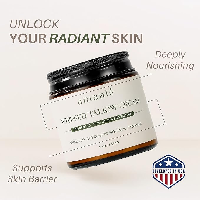 100% Grass-Fed Whipped Tallow Cream (Unscented) - Halal-Certified Beef Tallow with Organic Raw Honey & Cold-Pressed Olive Oil - Natural Face & Body Moisturizer for Dry, Sensitive Skin, 4 oz