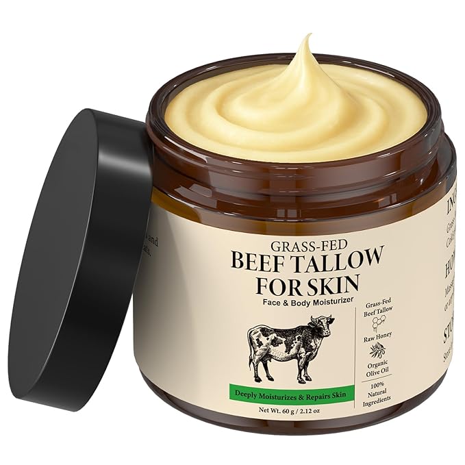 Beef Tallow for Skin, 100% Organic Grass-Fed Whipped Beef Tallow & Honey Balm, Deeply Moisturizing Face & Body Cream for All Skin Types, 2.12 OZ