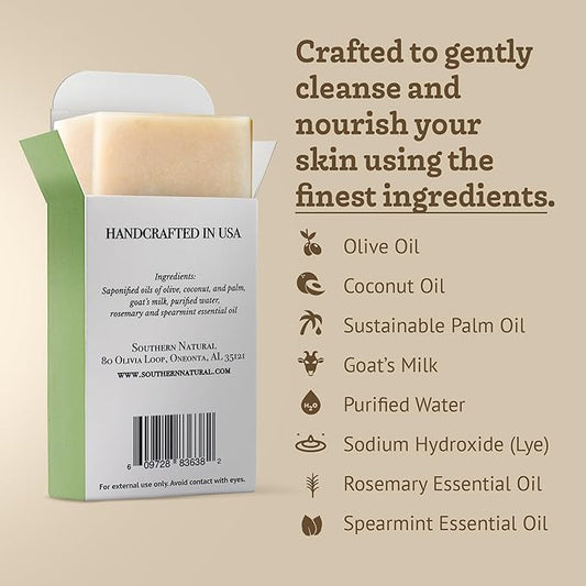 Southern Natural Handmade Goat Milk Soap Bar - Nourishing Cleanser for Dry and Sensitive Skin, Homemade Face & Body Wash with Rosemary Mint, Spearmint Essential Oil, 2-Pack (4-4.5 oz)