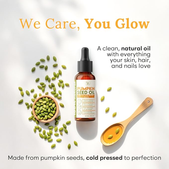 Pumpkin Seed Oil for Hair Growth & Care - Dry Scalp Oil, Skin & Nail Hydration (2Fl Oz), - Cold Pressed Pumpkin Seed Extract Drops for Scalp Care - Smooth Split Ends - Natural Hair Serum Alternative
