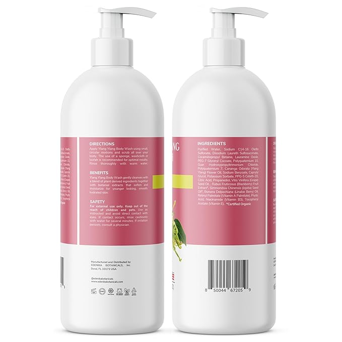 Ylang Ylang Body Wash, Cleanses, Nourishes & Hydrates, Gentle Shower Gel for Dry and Sensitive Skin, Women & Men, Organic & Natural, 16 fl oz, 2-Pack