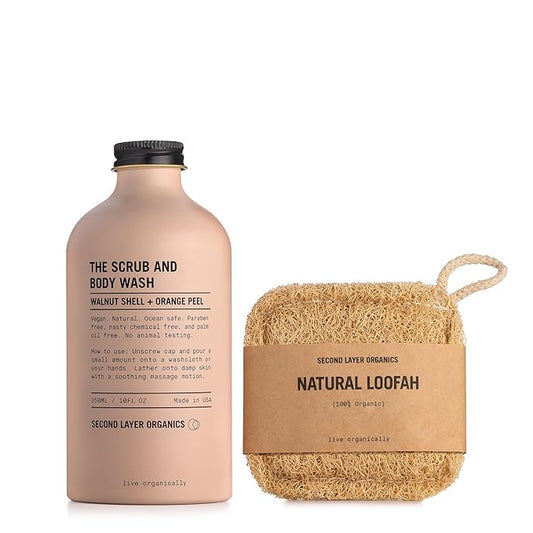 All Natural Body Scrub 10oz - Body Exfoliator with Walnut Shells and Orange Peel - Nourishing Cleanser & Body Scrub - Clean Beauty - Vegan Body Care - Organic Loofa Included