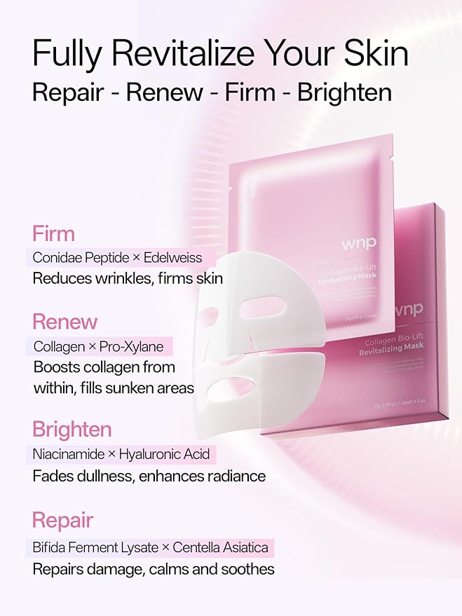 WNP 6D Bionic Collagen Bio‑Gel Mask Hydrating Overnight Real Deep with 5.1% Collagen, Niacinamide, Hyaluronic Acid|Firming, Anti‑Aging, Brightening for sensitive skin 28g x4ea
