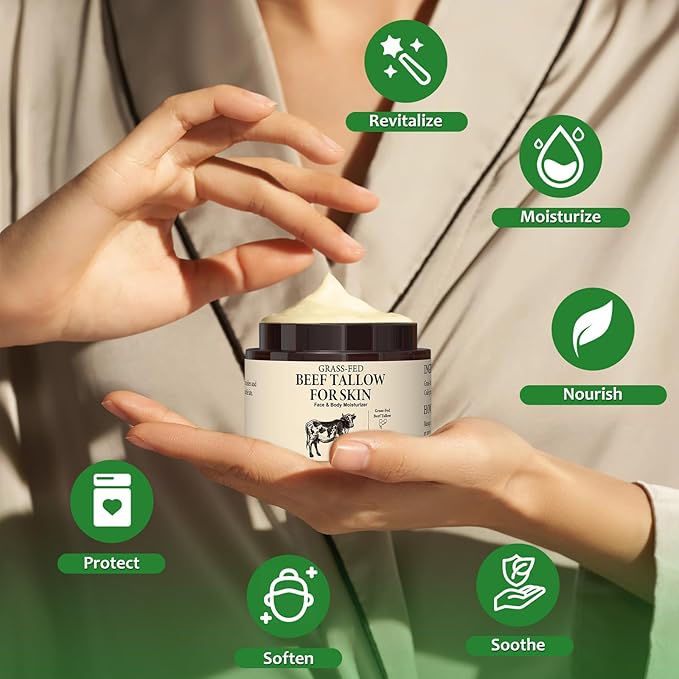 Beef Tallow for Skin, 100% Organic Grass-Fed Whipped Beef Tallow & Honey Balm, Deeply Moisturizing Face & Body Cream for All Skin Types, 2.12 OZ