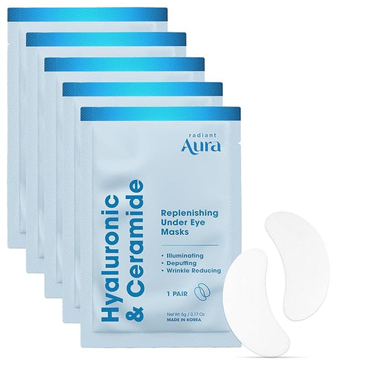 Under Eye Patches with Hyaluronic & Ceramide- Dermatologist Tested Korean Eye Gel Patches for Dark Circles & Puffiness -Illuminating & Wrinkle Reducing Formula for Brighter Eyes - 5 Pairs