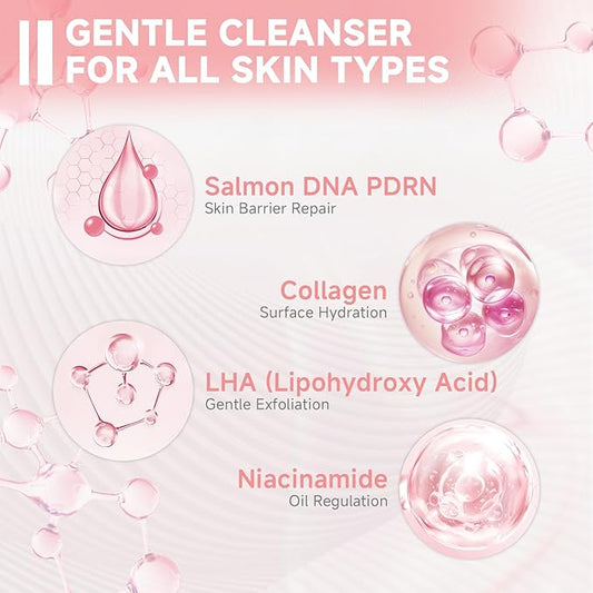 Salmon DNA PDRN Facial Cleanser | Low pH Hydrating Daily Foaming Face Wash with Soft Massage Heads | PDRN, Collagen & LHA | Gentle Pore Care & Radiant, Balanced-Looking Skin | 2PCS