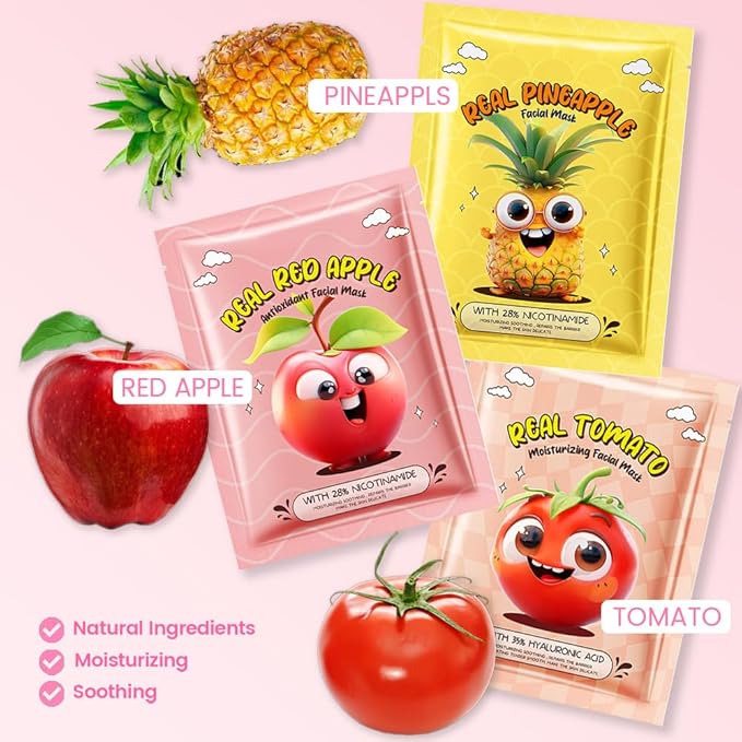 Kaely 12 Pack Fruit Face Masks for Kids, Kids Face Mask Spa Day Kit Supplies, Spa Party Favors for Teens Girls Women, Sheet Facial Mask Skincare Gifts Set, Moisturize Soothe for All Skin Types, 03