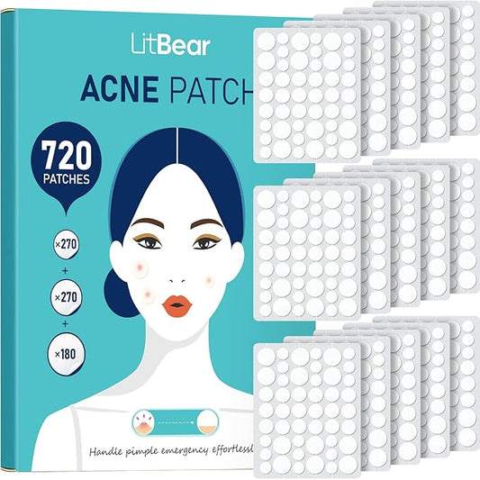 LitBear Pimple Patch Bulk, 720 Patches 3 Size Acne Patches for Face, Hydrocolloid Spot Stickers for Covering Zits, Blemishes, and Breakouts, Suitable for All Skin Types