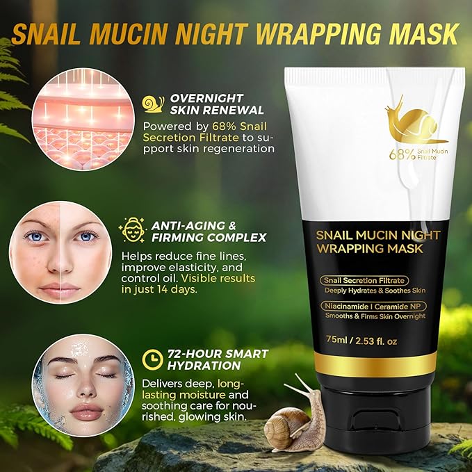 9000PPM Snail Mucin Collagen Overnight Wrapping Peel Off Mask for Intensive Hydrating, Skin Barrier Repairing, Reducing Sagging/Wrinkles/Fine Lines, 2.53 Oz/75 ML