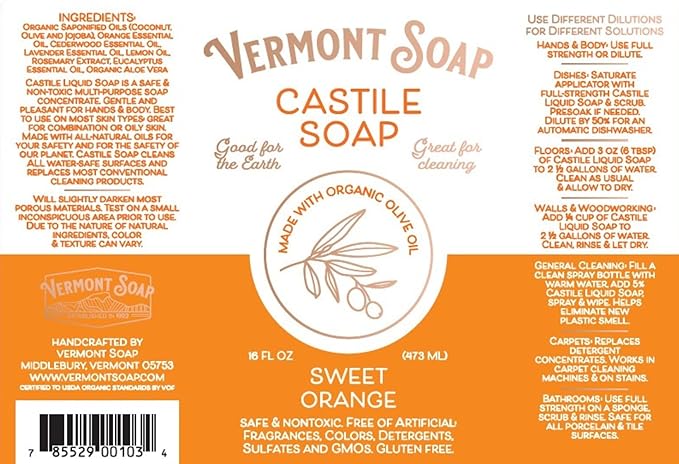 Vermont Orange Castile Soap, Gentle Liquid Soap for Sensitive Skin & Natural Body Wash, Organic Hair Shampoo for Oily Hair, Aloe Castile Soap for Men & Women - 16 Oz