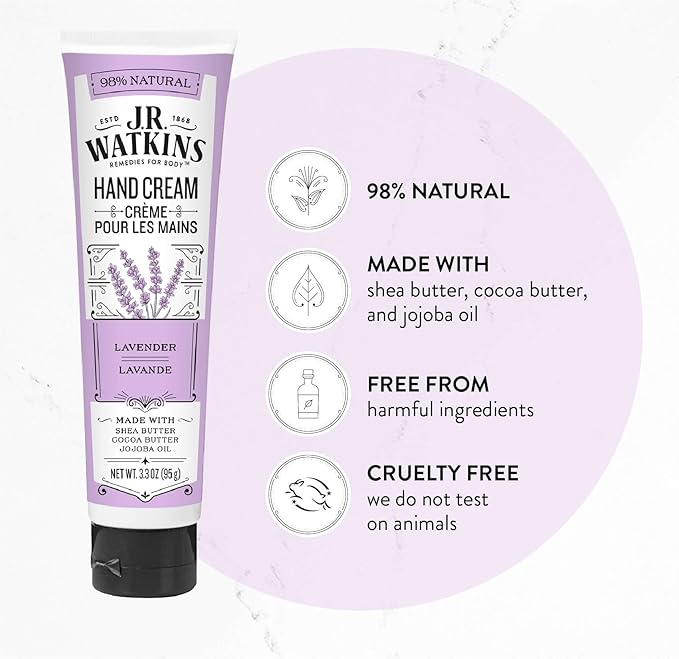 J.R. Watkins Natural Moisturizing Hand Cream, Hydrating Hand Moisturizer with Shea Butter, Cocoa Butter, and Avocado Oil, USA Made and Cruelty Free, 3.3oz, Lavender, (Pack of 4)