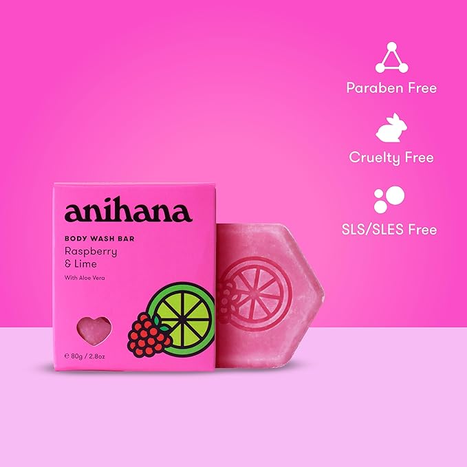 ANIHANA Body Wash Bar with Coconut Oil and Aloe Vera, Soap Free, Moisturizing, Gentle, Soft Skin Care, Refreshing Raspberry & Lime Scent 2.8 Oz