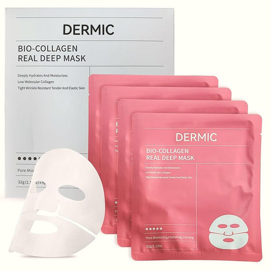 Bio-Collagen Face Mask – Hydrating & Firming Korean Sheet Mask with Hyaluronic Acid, Anti-Aging Overnight Skincare, Pore Minimizing & Moisturizing Treatment, 32g, 4 Pack