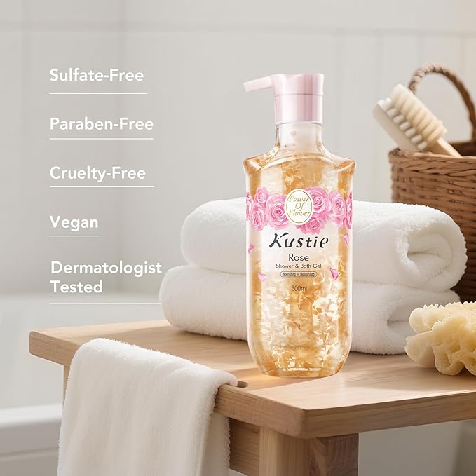 Kustie Rose Anti-Aging Body Wash, Real Petals & Rose Oil, 24H Fragrance & Deep Moisturizing, Clear Free Radicals Cleanse Perfume Shower Gel for Dry & Mature Skin with Pump Bottle, 16.9 fl oz