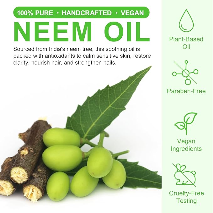 Neem Oil 2.02 fl.oz, Neem Oil for Skin and Hair, 100% Pure Natural Cold Pressed Unrefined Virgin for Hair Growth, Skin& Body Care, Nails, Nourishes the Hair, Natural Moisturizer, Reduces Fine Line
