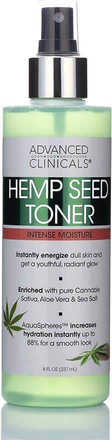 Advanced Clinicals Hemp Oil Hydrating Facial Toner Mist W/Natural Extracts to Energize Aging, Oily, & Dry Skin for Firm, Soft Glow. Alcohol Free Moisturizing Spray W/Sea Salt, & Aloe, 8 Fl Oz