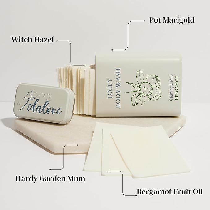 Body Wash Sheets in Tin, Zero Waste, Vegan, Paraben-Free, SLS-Free, Cruelty-Free, TSA-Friendly, Travel Soap Sheets, 1 Month Supply (30 Sheets, 60 Washes) (Body Wash Sheets in Tin)