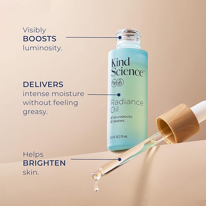 Kind Science Radiance Face Oil - Hydrating with Vitamin E, C & A, Bakuchiol, Jojoba & Moringa Oil - Anti Aging to Give Skin a Fresh, Dewy Look - Vegan, Paraben Free, Cruelty Free, 0.5 fl oz