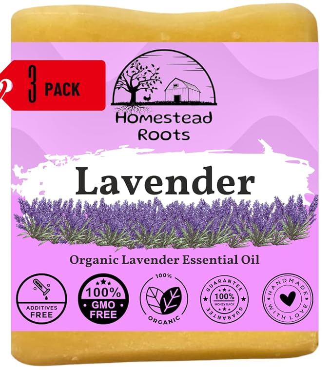 -Lavender- Handcrafted with Grass-Fed Beef Tallow and Organic Oils - Scented with Organic Essential Oils - Artisanal Bar Soap - 3 Pack - Each Bar Unique, Beige