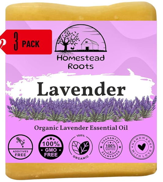 -Lavender- Handcrafted with Grass-Fed Beef Tallow and Organic Oils - Scented with Organic Essential Oils - Artisanal Bar Soap - 3 Pack - Each Bar Unique, Beige