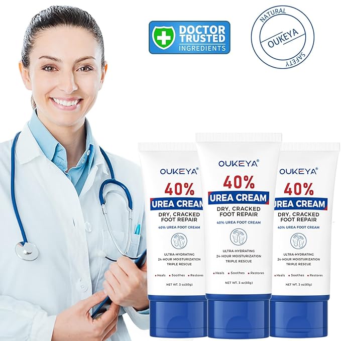 OUKEYA Urea Cream 40 Percent Tube 3 Oz, Urea Foot & Hand Cream for Dry Cracked, 40 per Urea Lotion for Feet Maximum Strength 3 Ounce(Pack of 3)