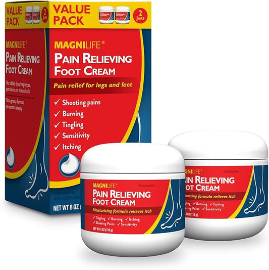 MagniLife Pain Relieving Foot Cream, All-Natural Moisturizing Foot Pain Relief with Beeswax and Eucalyptus to Soothe Soreness, Burning, Tingling, and Sensitivity (2 Pack-4oz Jars)