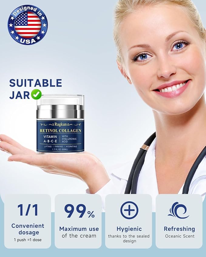 Retinol Cream for Face, Collagen Neck Creams for Tightening and Firming, Anti Aging Day & Night Facial Moisturizer for Women & Men, Instant Face Lift Wrinkle Cream 1.7 fl. oz with Glycolic Acid Pads