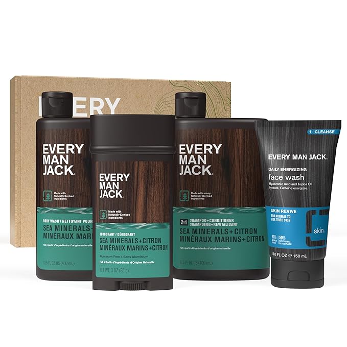 Every Man Jack Men’s Sea Minerals + Citron Bath and Body Gift Set - Clean Ingredients & Sea Minerals and Citron Scent - Round Out His Routine with Body Wash, 2-in-1 Shampoo, Deodorant & Face Wash