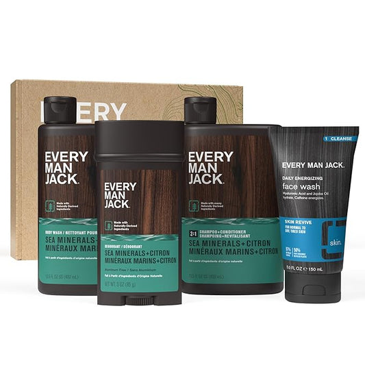 Every Man Jack Men’s Sea Minerals + Citron Bath and Body Gift Set - Clean Ingredients & Sea Minerals and Citron Scent - Round Out His Routine with Body Wash, 2-in-1 Shampoo, Deodorant & Face Wash