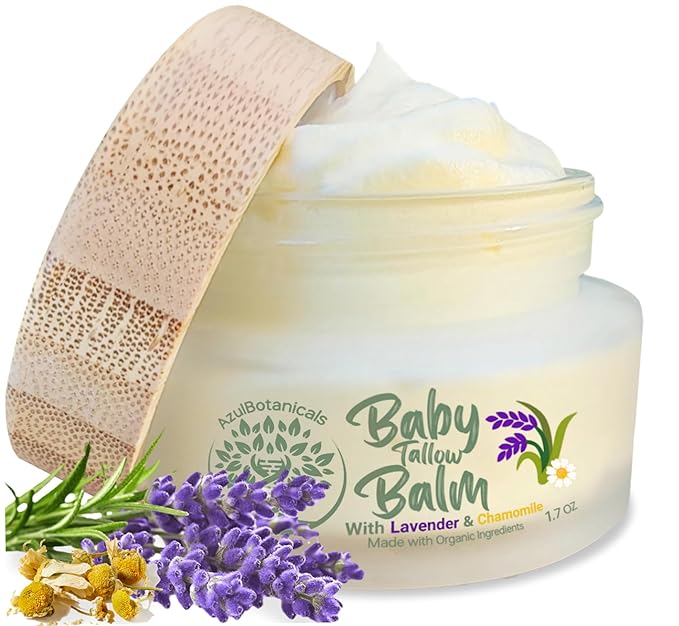 Baby Tallow Balm with Lavender Leaf and Chamomile Extract, Whipped Grass fed/finished Tallow, with Organic Ingredients for Delicate Skin (1.7 oz)