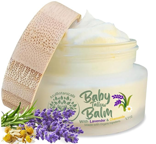 Baby Tallow Balm with Lavender Leaf and Chamomile Extract, Whipped Grass fed/finished Tallow, with Organic Ingredients for Delicate Skin (1.7 oz)