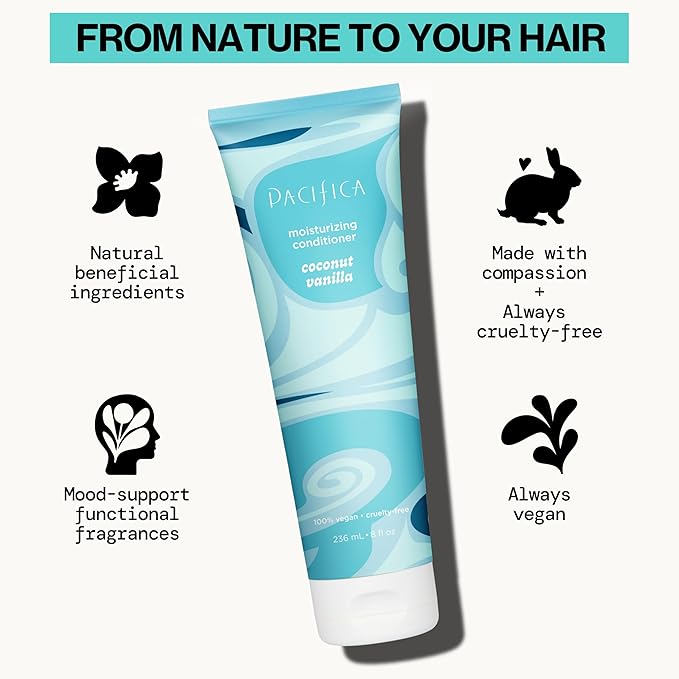 Pacifica Coconut Vanilla Moisturizing Hair Conditioner – Deep Hydrating Treatment for Dry & Damaged Hair, Restorative Shine, Vegan & Sulfate Free Clean Beauty & Hair Care 8 fl oz