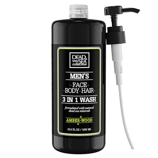 Dead Sea Collection Mens Body Wash 3 in 1 – Amber Wood Body Wash for Men – Shower Gel – Shampoo – Shower Soap for Face and Hair (33.8 Fl. Oz)