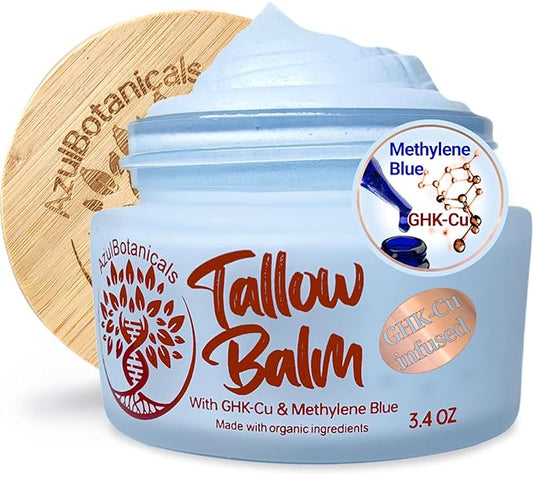 Copper Peptide GHK-Cu & Methylene Blue Infused Whipped Grass Fed Beef Tallow Balm, Anti-Aging, Fine lines, Wrinkles, Eczema, Acne, Full body moisturizer, All skin types, With Organic Ingredients 3.4oz