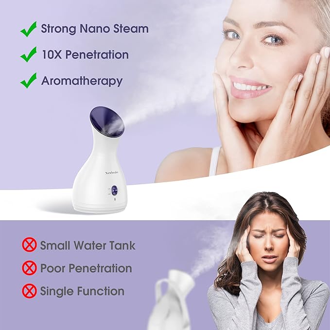 Newbealer 2in1 Facial Steamer, Hot Mist Facial Aromatherapy Humidifier Atomizer, Large Face Steamer Unclogs Pores Sinuses Moisturizing, Home Sauna Spa with Eyebrow Set (Purple, 170ml)