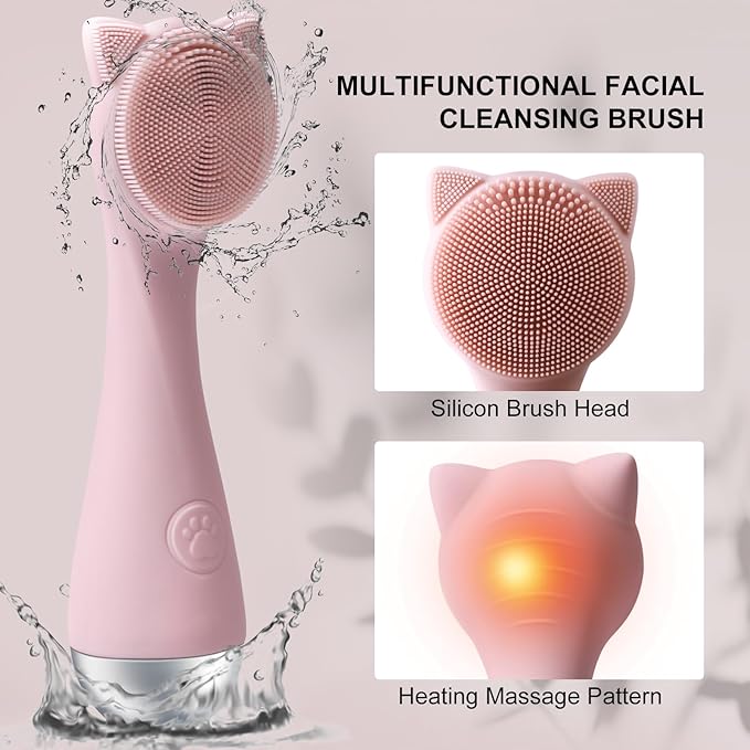 Facial Cleansing Brush, Silicone Face Scrubber Exfoliator for Men & Women, Electric Face Brush Waterproof, with 3 Speeds Adjustable for Deep Cleaning, Removing Blackhead, Facial Massaging (Pink)